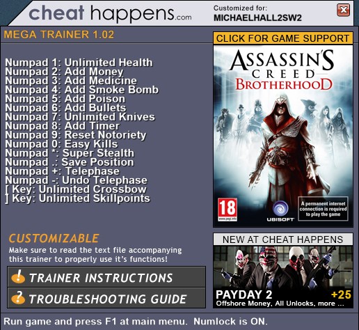 刺客信条:兄弟会修改器|刺客信条:兄弟会十六项