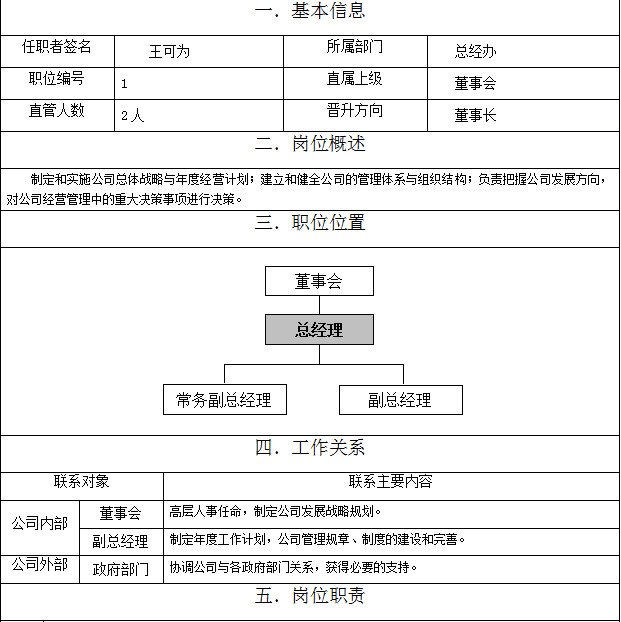 总经理岗位职责说明书doc格式免费版