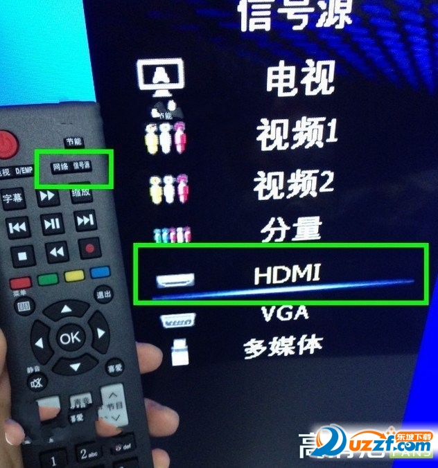 完成连接后,接通电源,设置选择电视信号源方式hdmi线的另一端连接电视